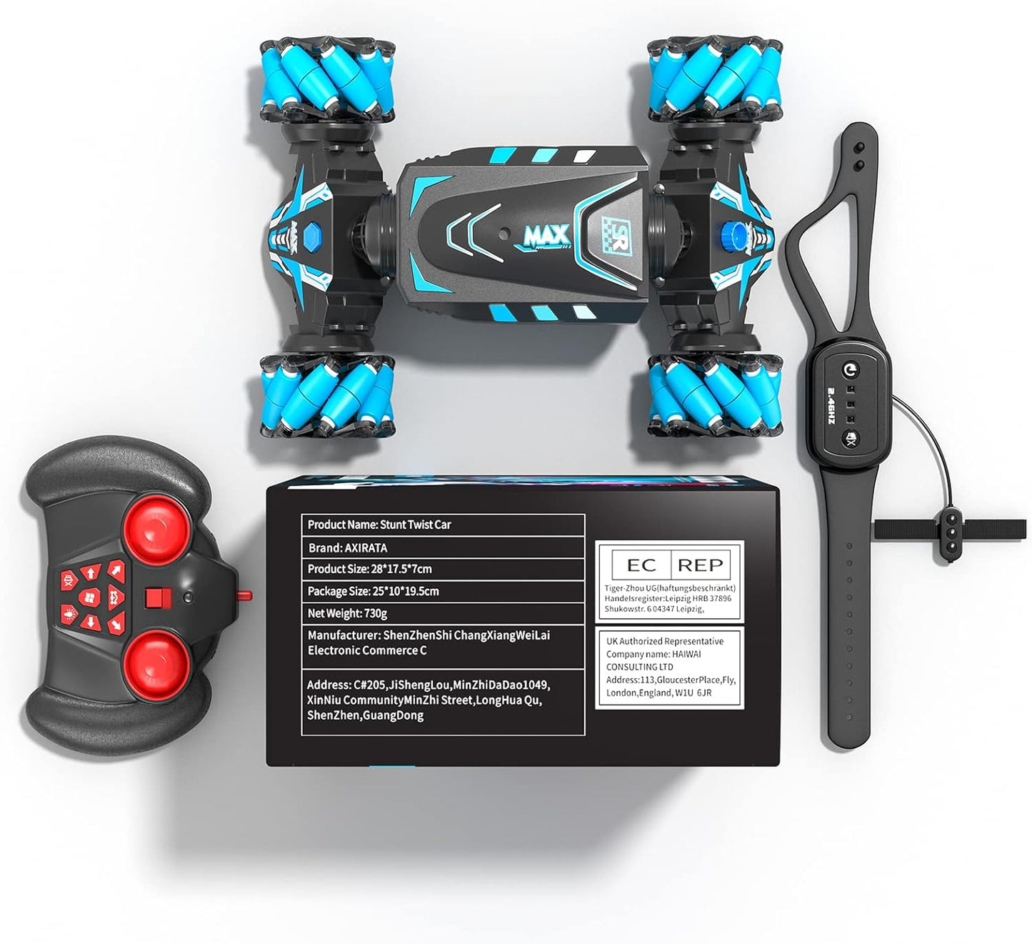 Stunt twist car with remote control and product packaging