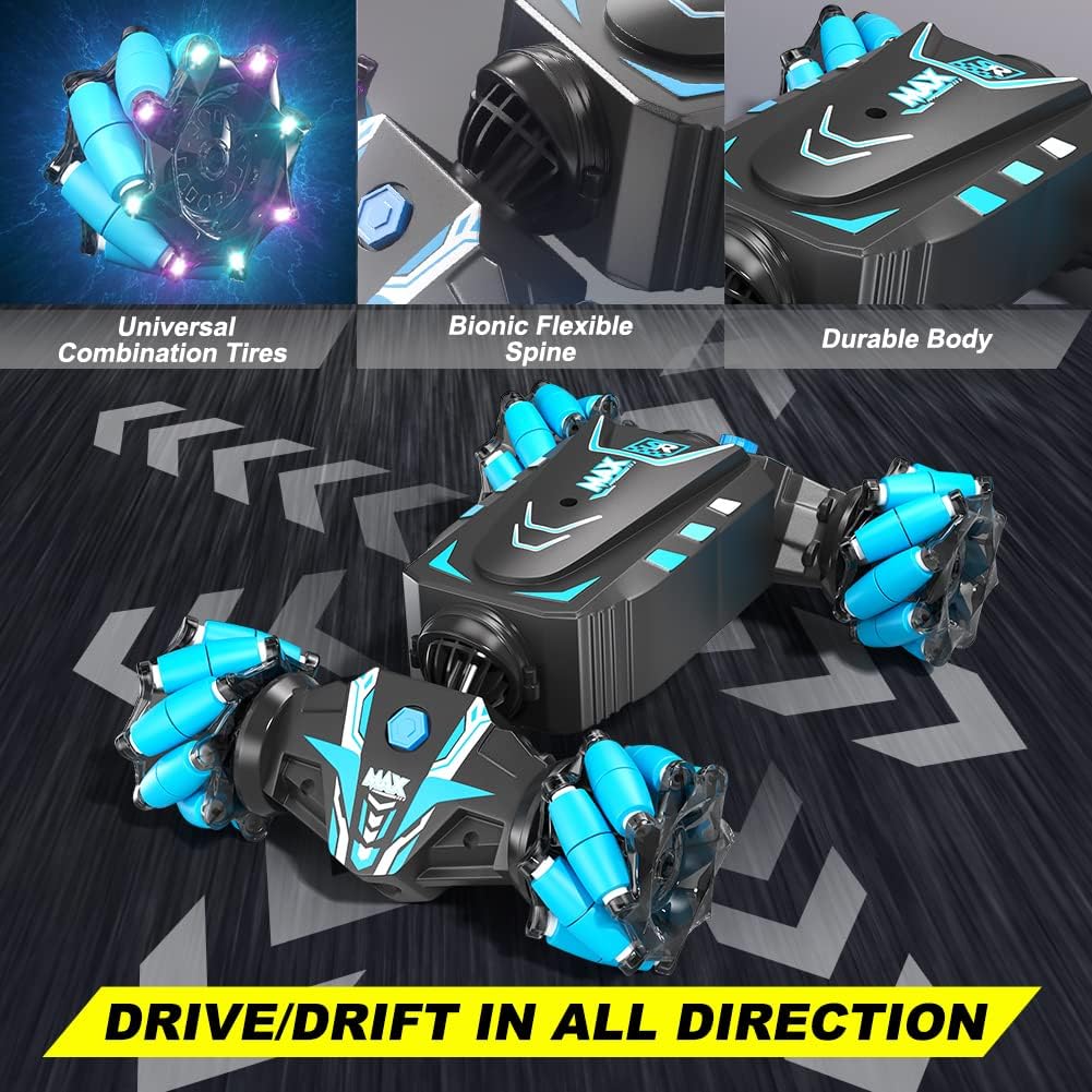 Durable drift car with flexible spine and multi-directional tires
