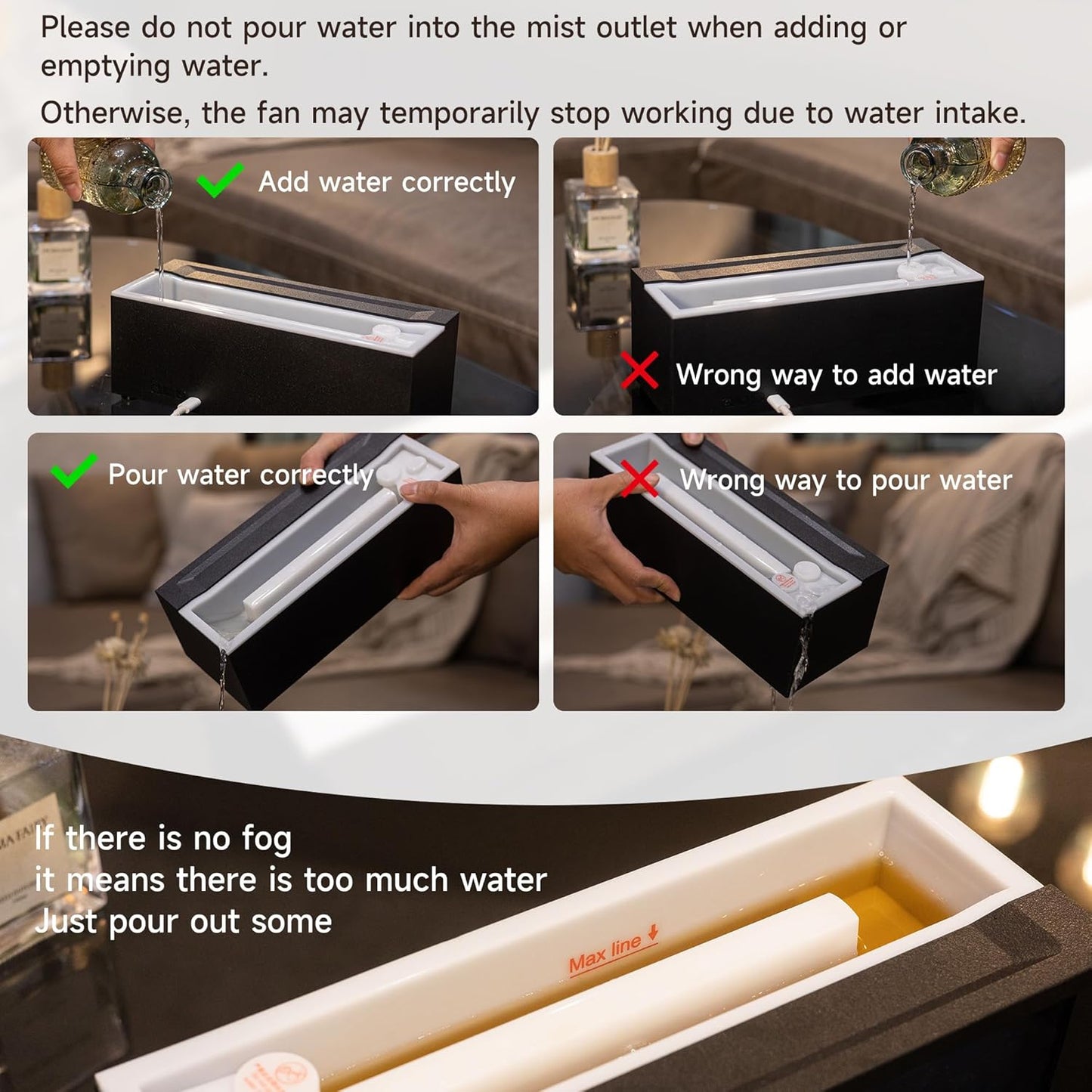 Guide on adding water to the flame diffuser for optimal use