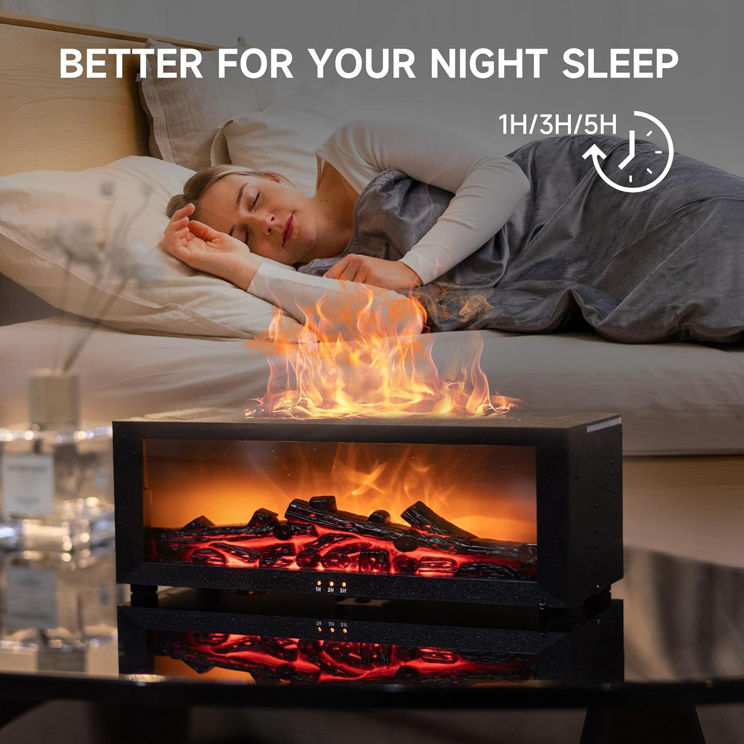 Woman sleeping peacefully with the flame diffuser nearby