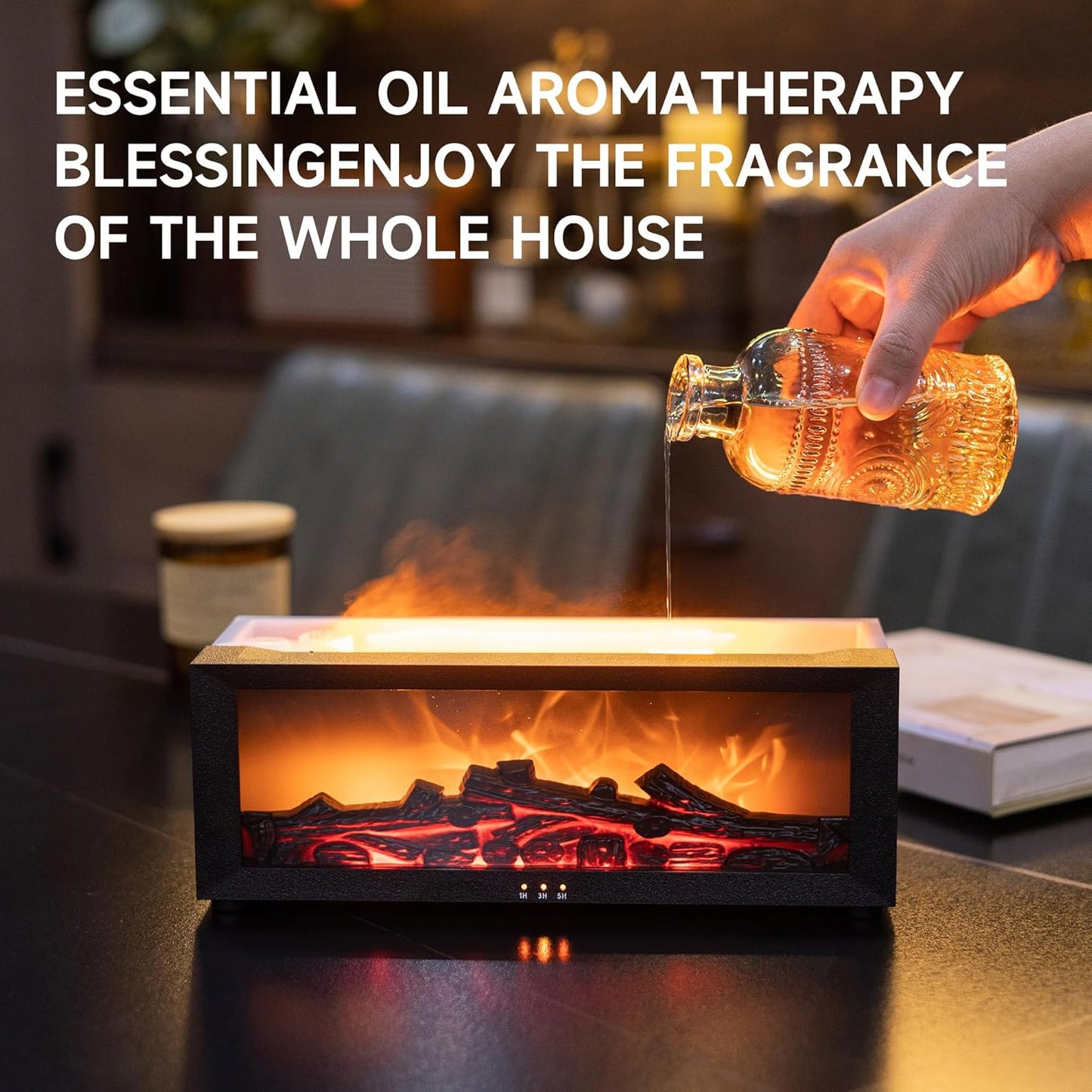 Aromatherapy flame diffuser with essential oils for relaxation